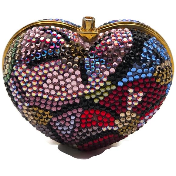 Judith Leiber Heart Crystal Pill Box Multicolor Pave Gold Tone Signed 2 inches - Picture 1 of 16